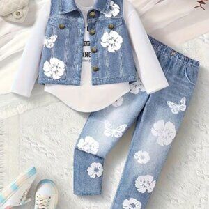 Girls' Denim Print Outfit Featuring a Round-Neck Long-Sleeve Top, Vest & Pants